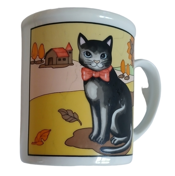 Vintage Coffee Mug Country Cat Seasonal Motif Japan Ceramic Cup 4 oz. - Picture 5 of 8